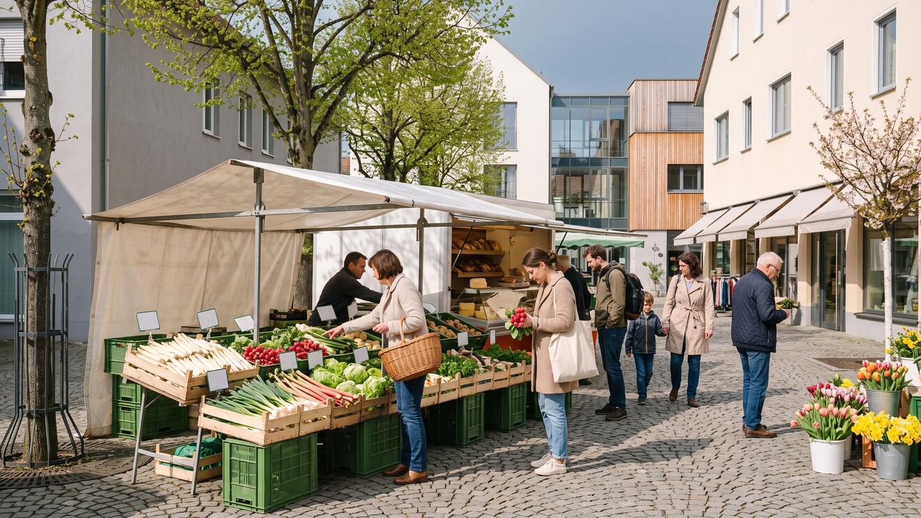 Bunte Gemüse- und Blumenstände auf einem Marktplatz, umgeben von Besuchern im Freien.