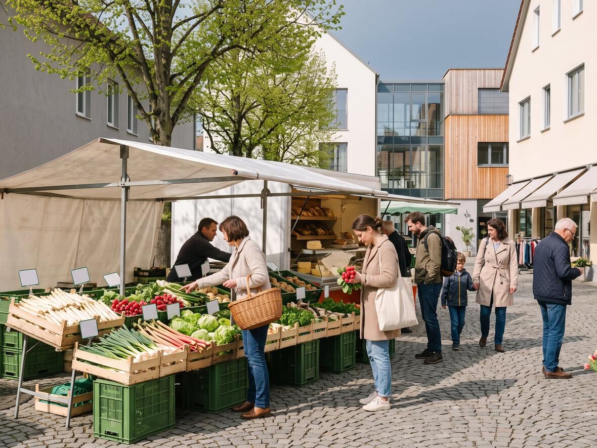 Bunte Gemüse- und Blumenstände auf einem Marktplatz, umgeben von Besuchern im Freien.