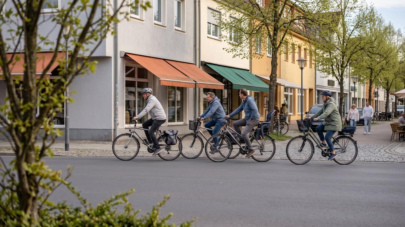 Vier Radfahrer auf einer Straße mit bunten Markisen an den Geschäften.