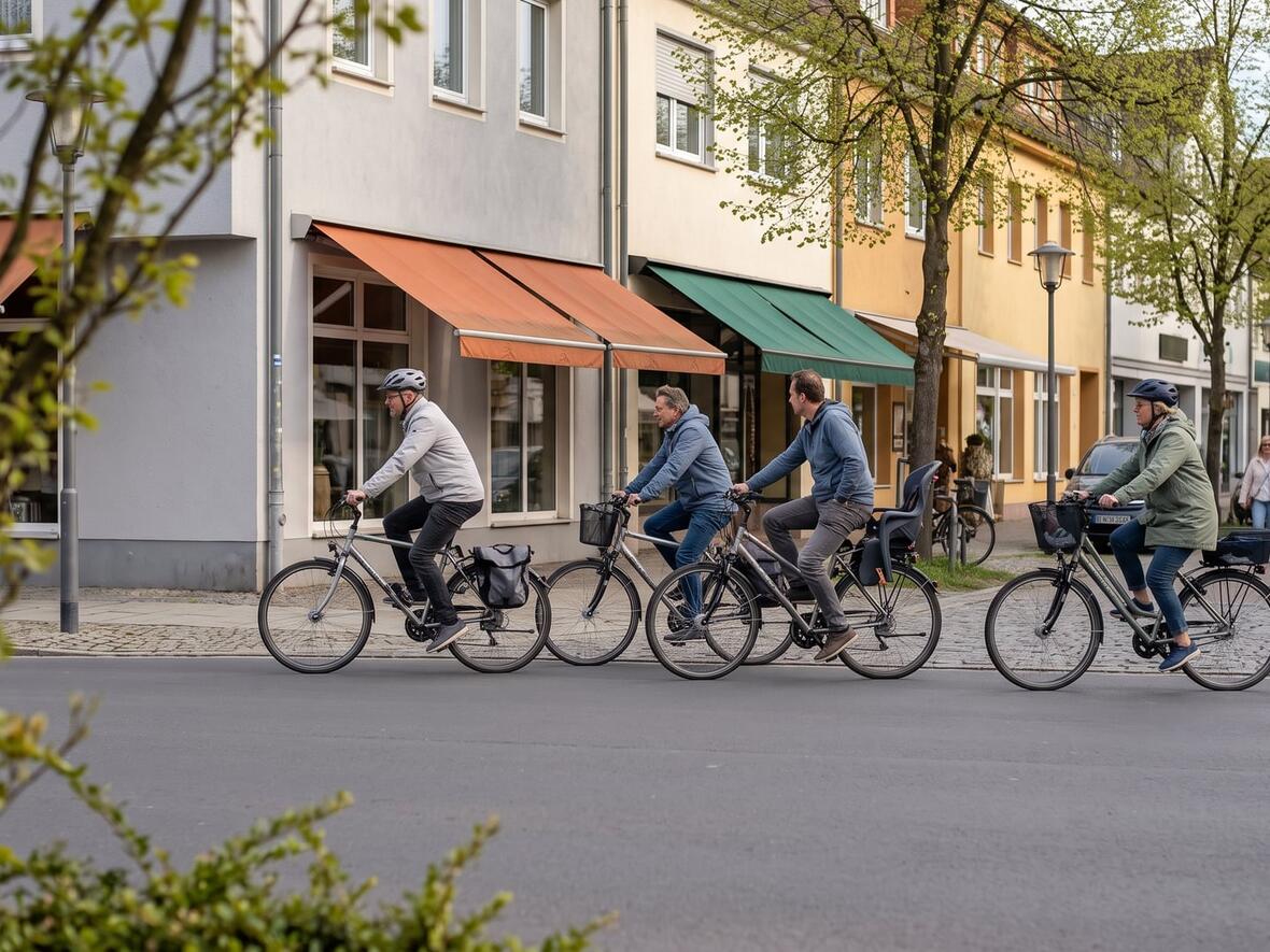 Vier Radfahrer auf einer Straße mit bunten Markisen an den Geschäften.