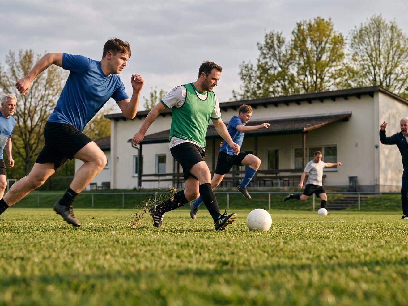 Mehrere Männer in Fußballtrikots sprinten auf einem Rasenplatz zu einem Ball, im Hintergrund ein Gebäude.