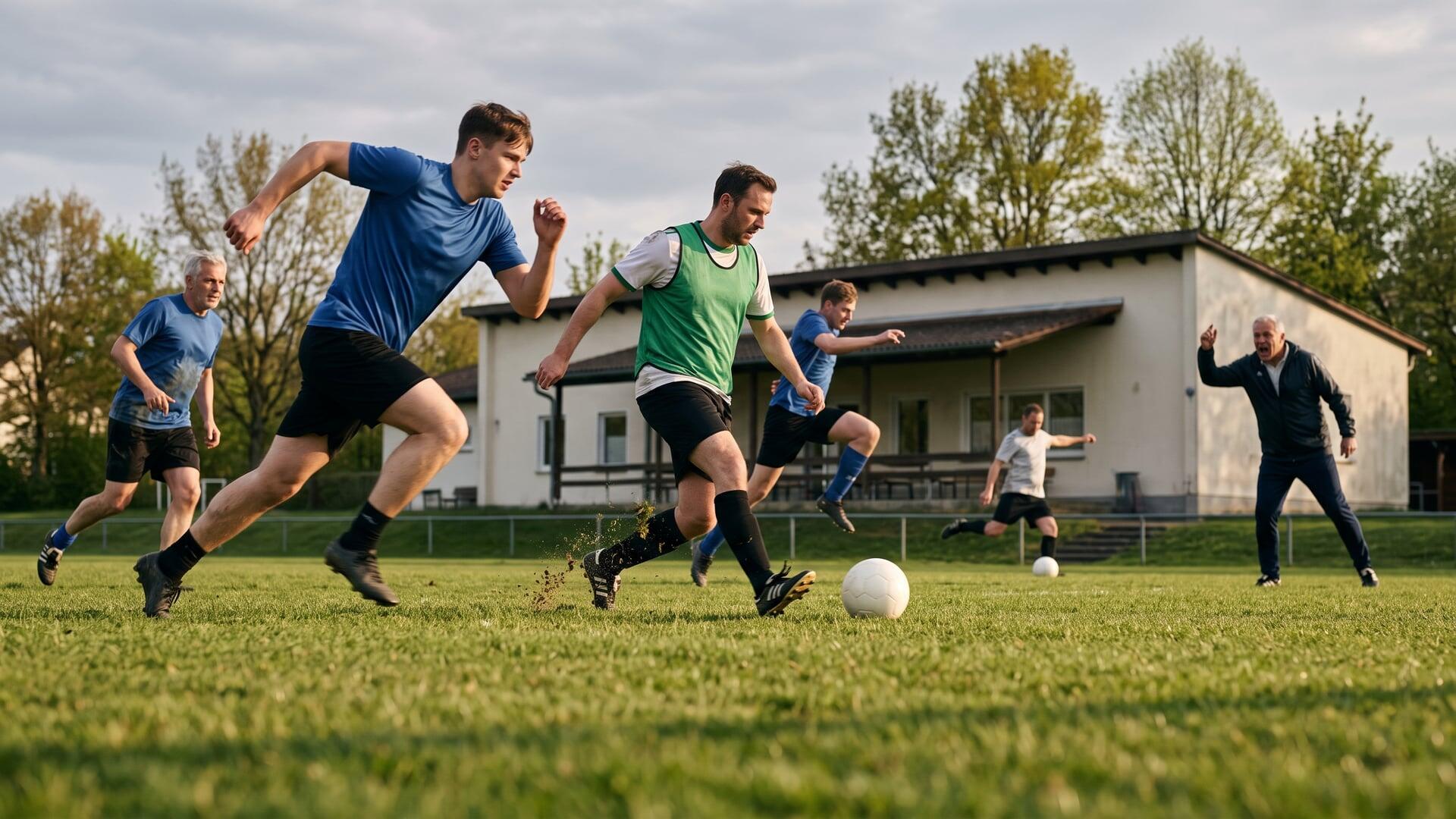 Mehrere Männer in Fußballtrikots sprinten auf einem Rasenplatz zu einem Ball, im Hintergrund ein Gebäude.