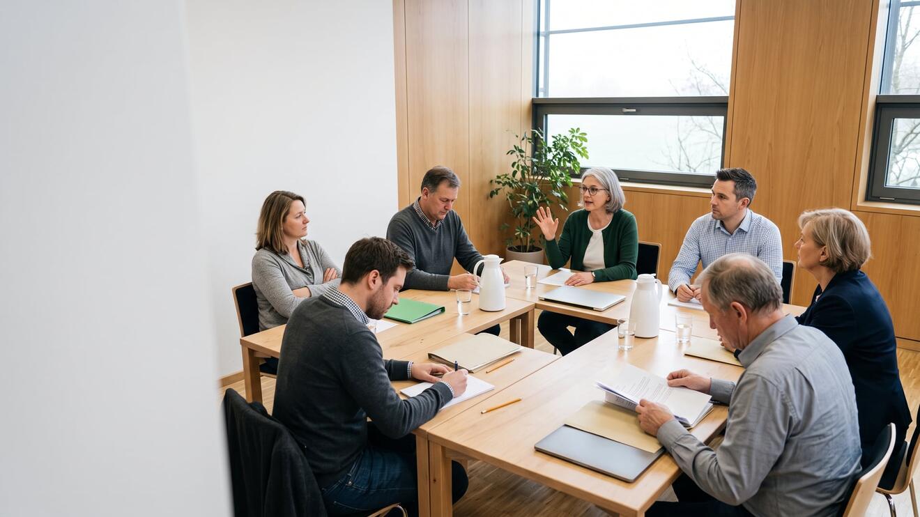 Workshop-Sitzung in einem hellen Konferenzraum mit sieben Personen, die diskutieren und notieren.