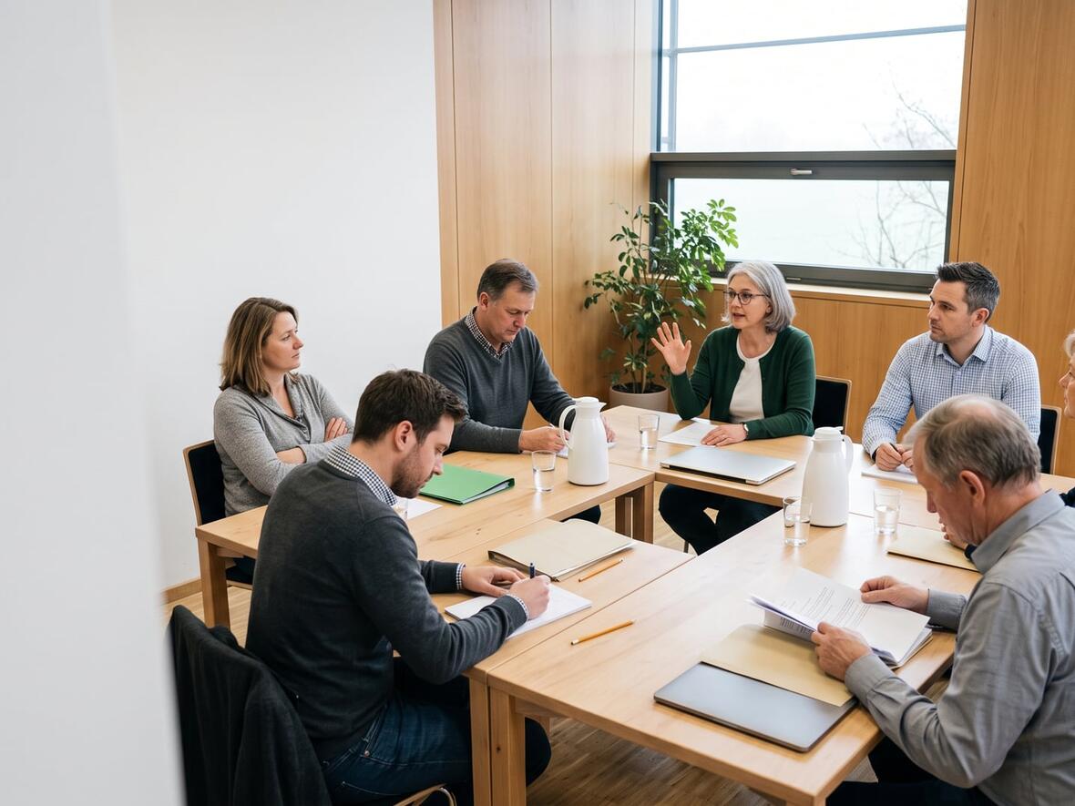 Workshop-Sitzung in einem hellen Konferenzraum mit sieben Personen, die diskutieren und notieren.