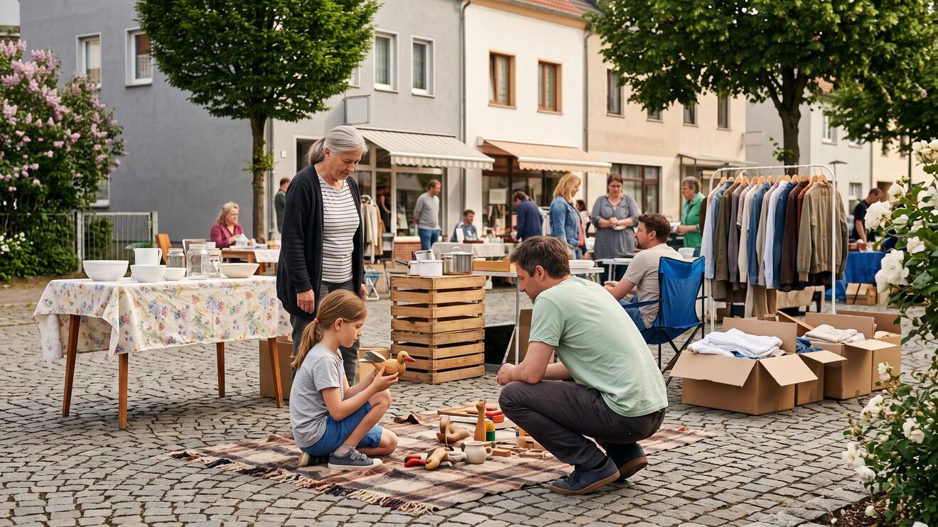 Unterschiedliche Flohmarktstände und Menschen, die Geschirr, Spielsachen und Kleidung anbieten