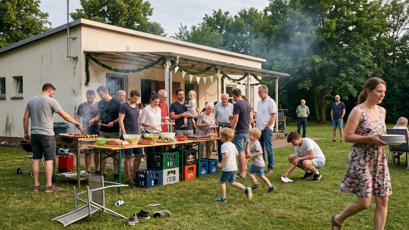 Das Bild zeigt Tische mit Essen und einen Grill, an denen Menschen stehen und das Vereinsjubiläum feiern