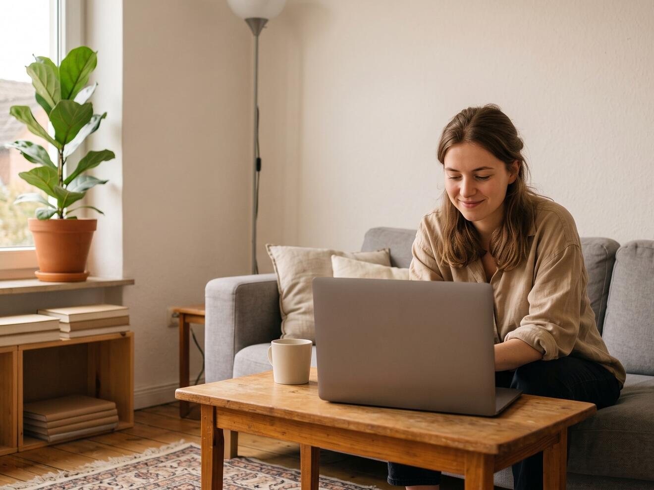 Junge Frau sitzt am Tisch in einem gemütlichen Raum und arbeitet am Laptop. Pflanzen und Bücherregal im Hintergrund.