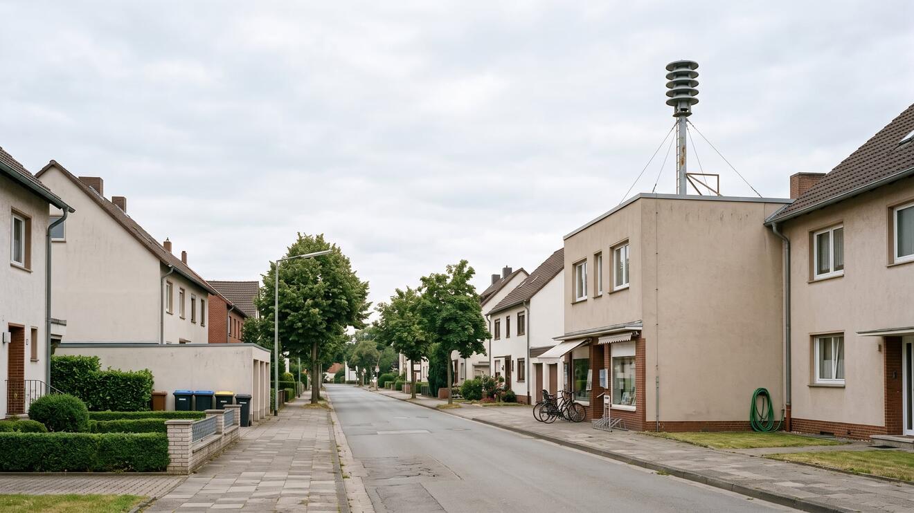 Ursprüngliche Straße mit Wohnhäusern und einem Alarmhorn auf dem Dach.