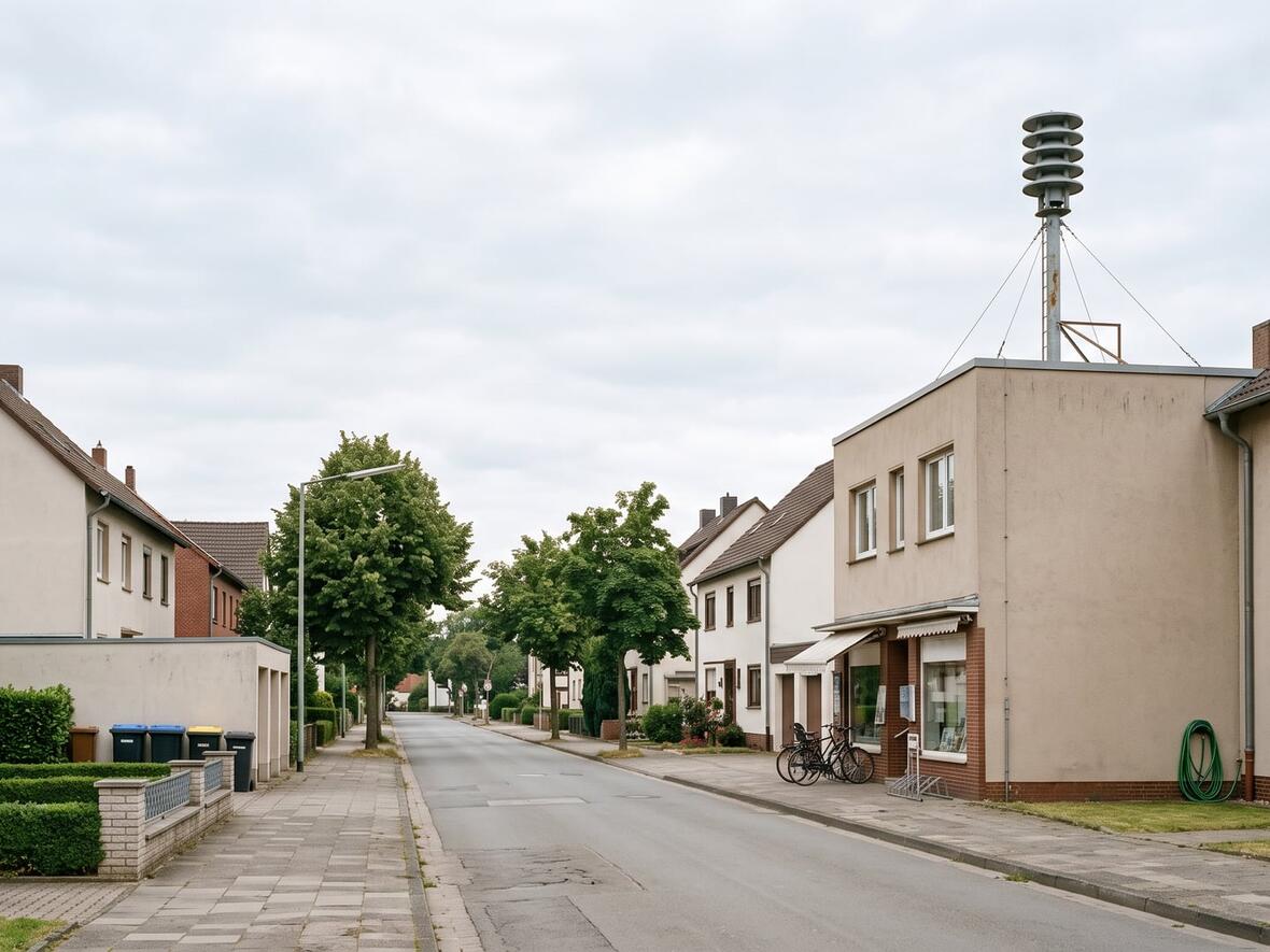 Ursprüngliche Straße mit Wohnhäusern und einem Alarmhorn auf dem Dach.
